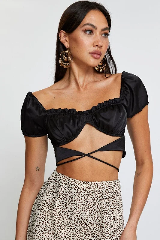 Markdowns Black Crop Top Short Sleeve Tie Up