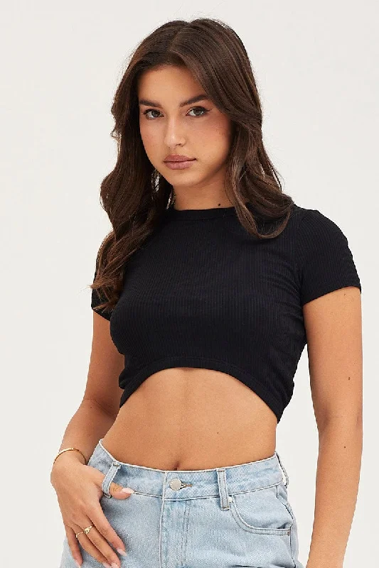 Extra Savings Black Curved Hem T Shirt Ribbed