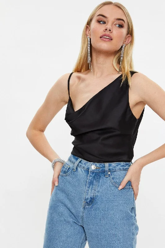 Flash Deals Black Designer Asymmetric Strap Cowl Neck Top