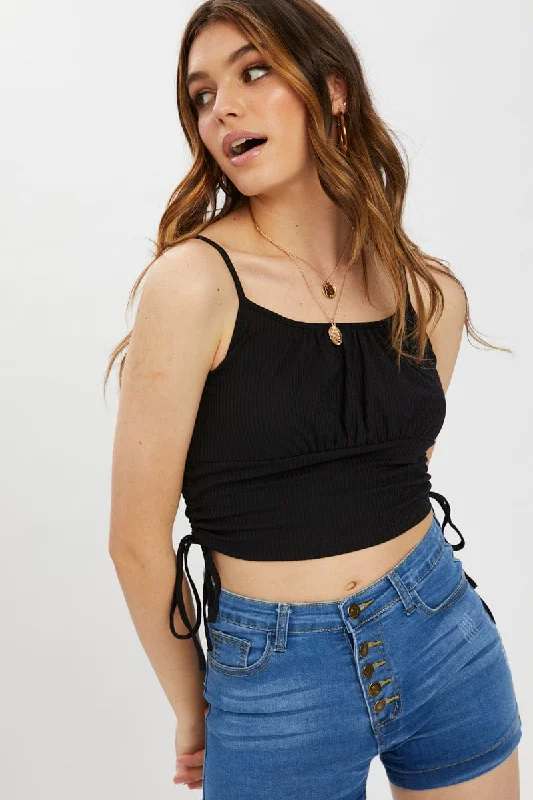 Anniversary Sale Black Drawstring Ruched Top