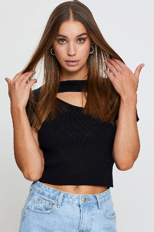 Blowout Deals Black Knit Top Short Sleeve Cut Out