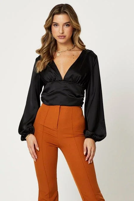Closeout Sale Black Long Sleeve Ruched Top