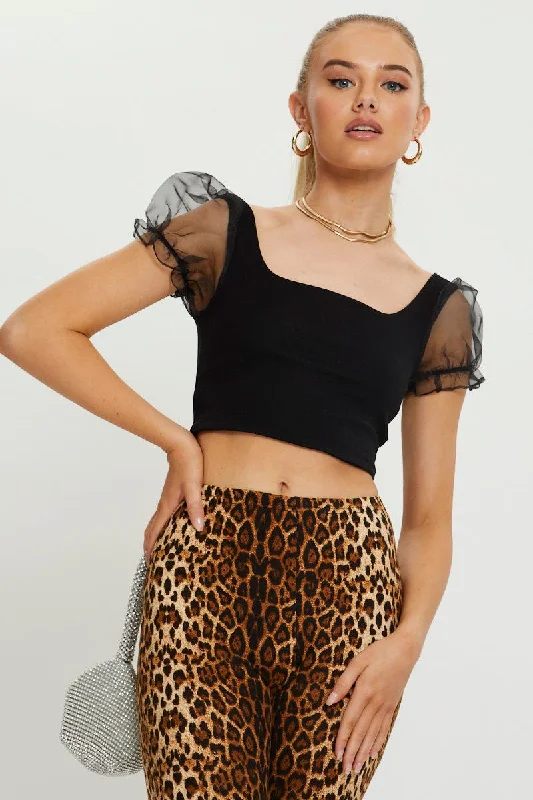 Exclusive Offers Black Organza Puff Sleeve Crop Top