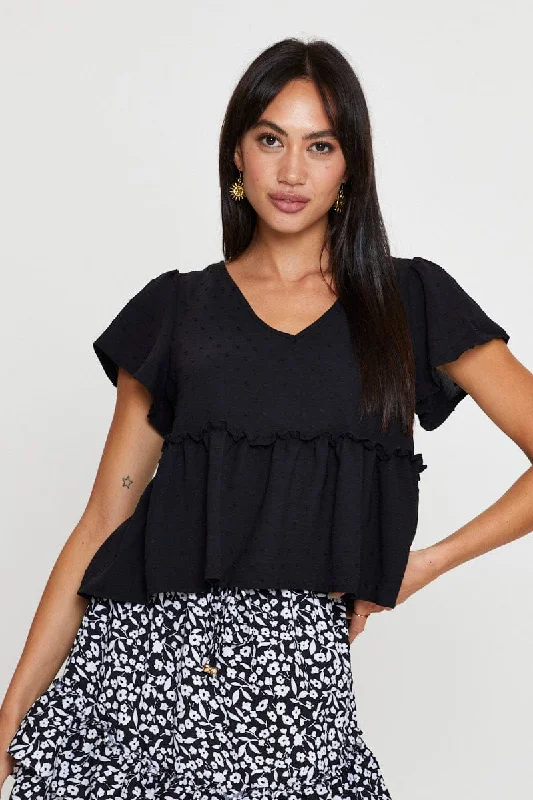 The Best Prices Black Peplum Top Short Sleeve Button Front