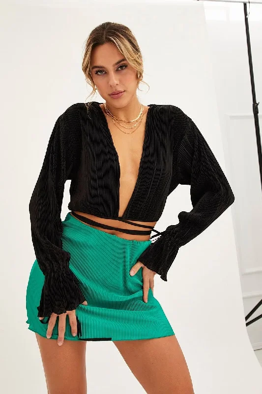 Price Drop Black Plisse Wrap Top Long Sleeve Crop