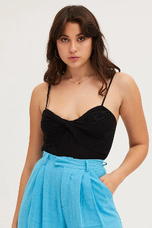 Final Markdown Black Ribbed Twist Front Bodysuit