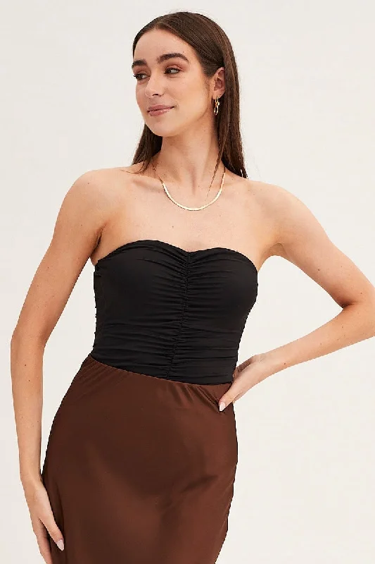 Special Discount Black Ruched Front Strapless Bodysuit