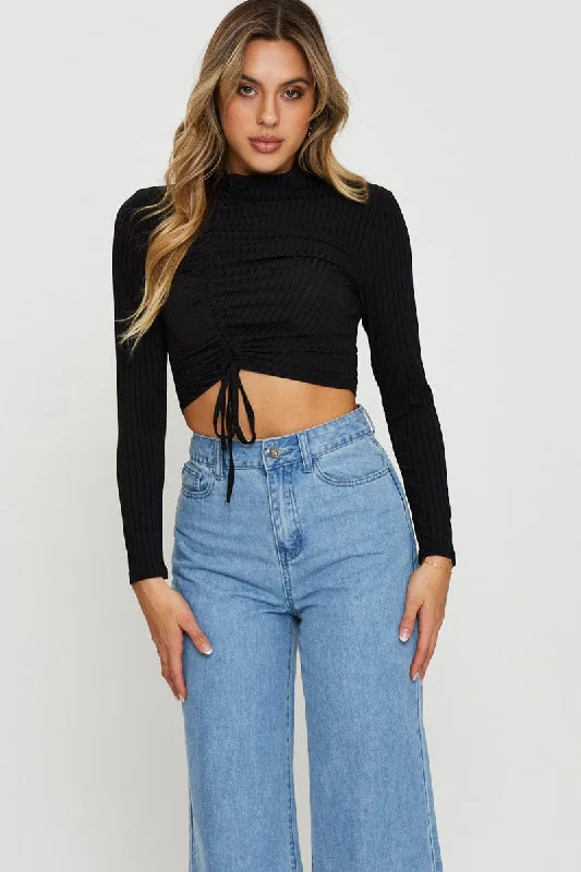 Closeout Black Ruched Top Long Sleeve