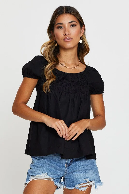 Hot Deal Black Shirred Short Sleeve Top