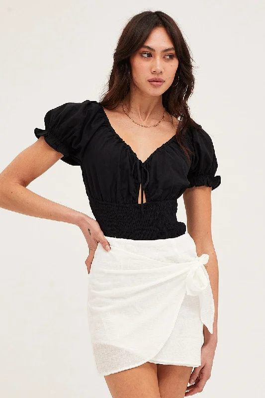 Exclusive Online Offer Black Short Sleeve V-Neck Keyhole Shirred Bodysuit