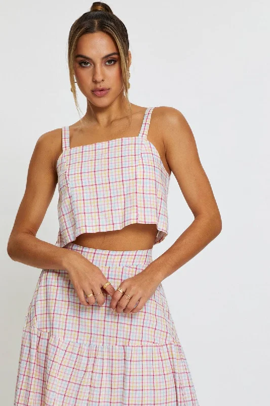 Reduced Prices Blue Check Singlet Top Square Neck Linen