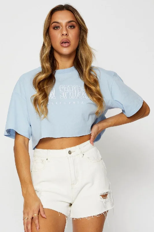 The Best Prices Blue Graphic T Shirt Short Sleeve Crop