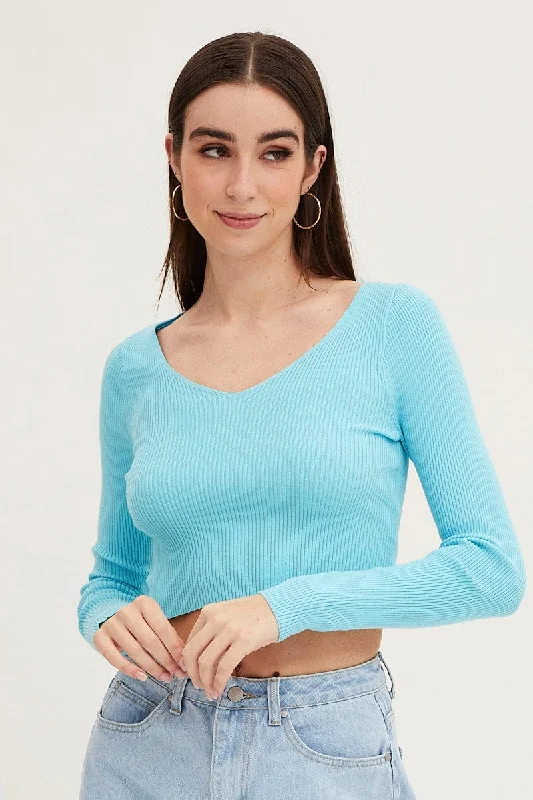 Exclusive Offers Blue Knit Top Long Sleeve Crop V-Neck
