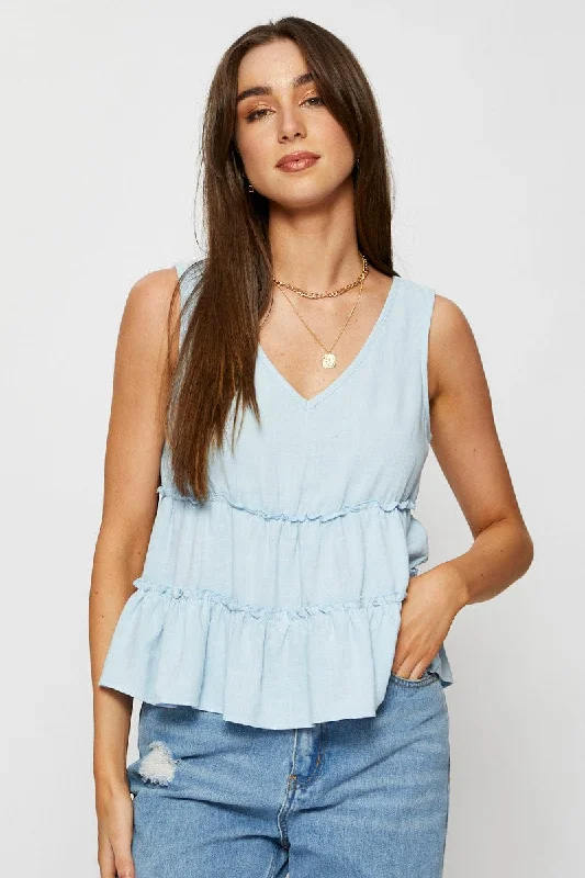 New Arrival Blue Peplum Blouse Sleeveless V-Neck