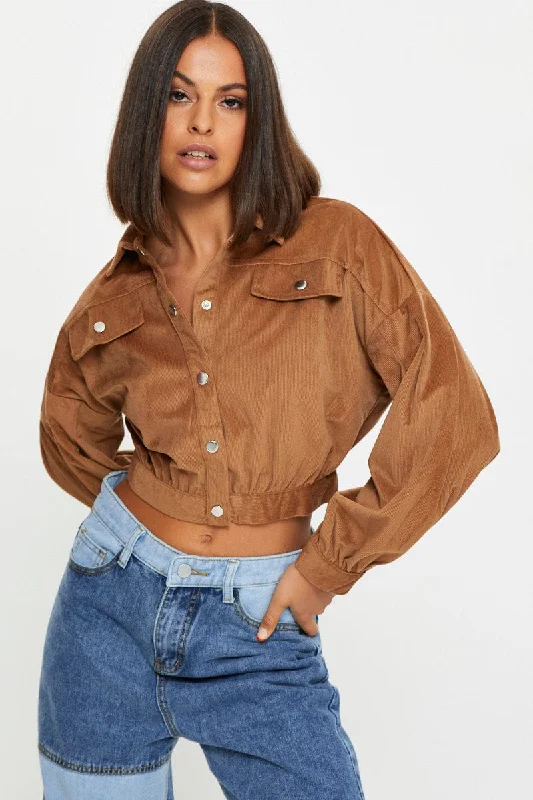 Inventory Reduction Brown Crop Button Front Shirt