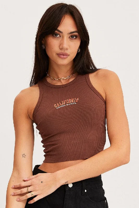 Buy More, Save More Brown Graphic Tank Embroided