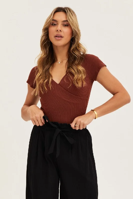 Unmissable Offer Brown Off Shoulder Rib Bodysuit
