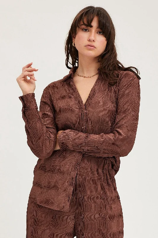 Bargain Blast Brown Plisse Shirts Long Sleeve