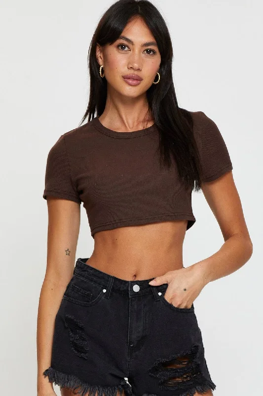 Take Advantage Brown Rib Crop Top Short Sleeve