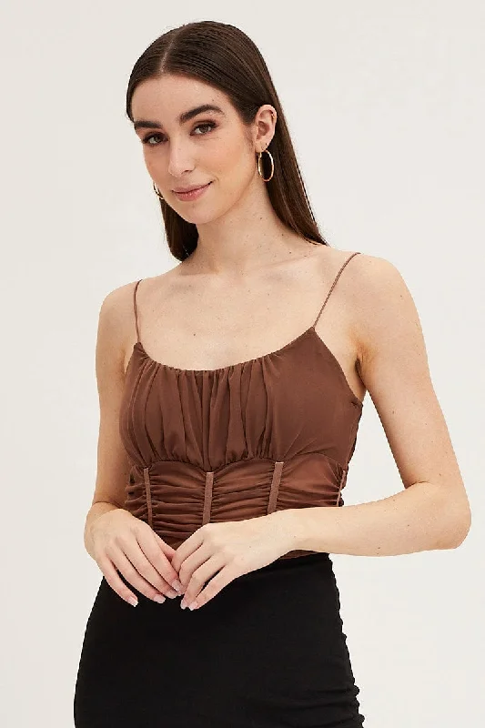 Overstock Brown Sleeveless Corset Look Waist Detail Mesh Bodysuit