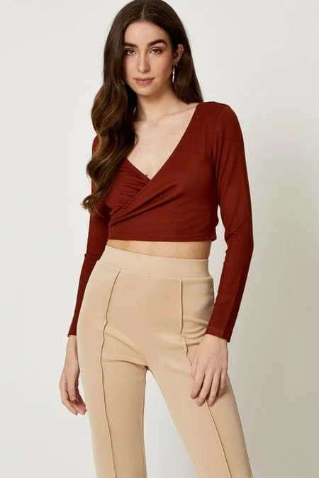 Don't Wait Brown Wrap Top Long Sleeve