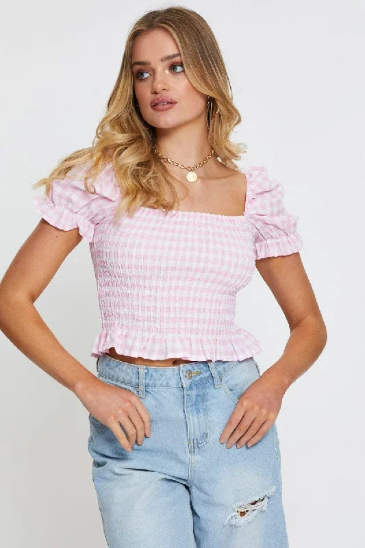 Great Deals Check Crop T Shirt Short Sleeve Square Neck