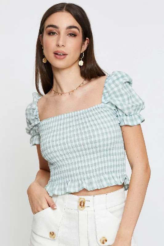 Huge Discounts Check Crop T Shirt Short Sleeve Square Neck