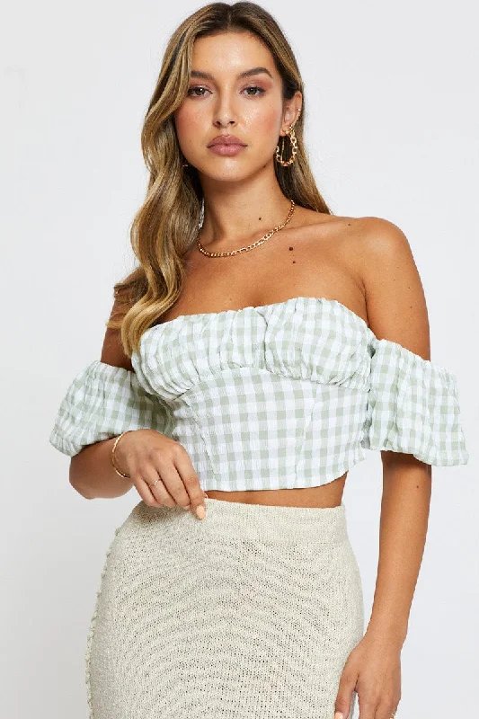Midnight Sale Check Crop Top Off Shoulder Short Sleeve