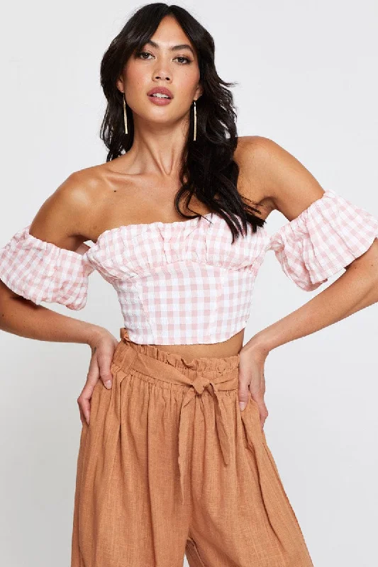 Weekend Flash Sale Check Crop Top Off Shoulder Short Sleeve