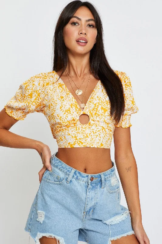 Limited Quantity Ditsy Print Puff Sleeve Top Short Sleeve Crop