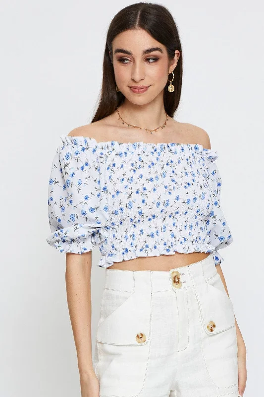 Instant Discount Geo Print Crop Top Short Sleeve Off Shoulder