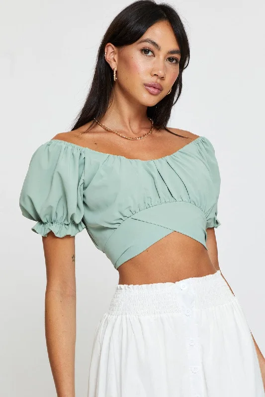 Time-Limited Offer Green Crop Top Short Sleeve Off Shoulder
