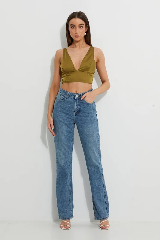 Great Bargains Green Designer Plunge Satin Crop Top