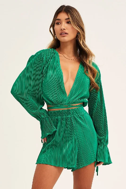 Mega Sale Green Plisse Wrap Top Long Sleeve Crop