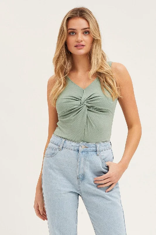 Deep Discounts Green Rib V Neck Sleeveless Twist Front Bodysuit