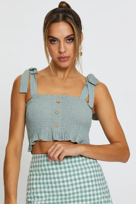 Shop and Save Green Singlet Top Sleeveless Tie Up