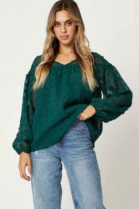 Deal Zone Green Swiss Dot Smock Top