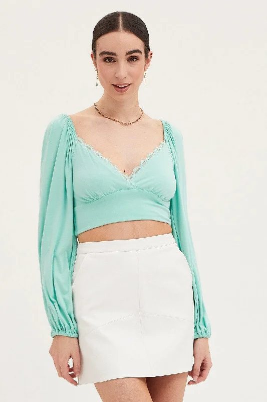 Holiday Sale Green Top Long Sleeve Lace Trim