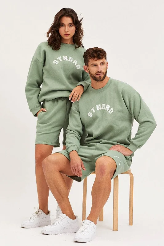Discount Deals Green Unisex Sweatshirts Oversized Crew Neck