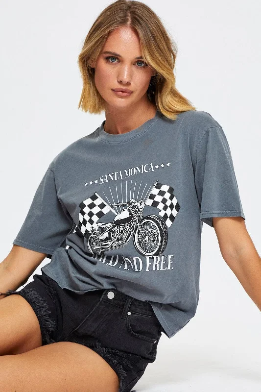 Super Deal Grey Graphic T Shirt Short Sleeve