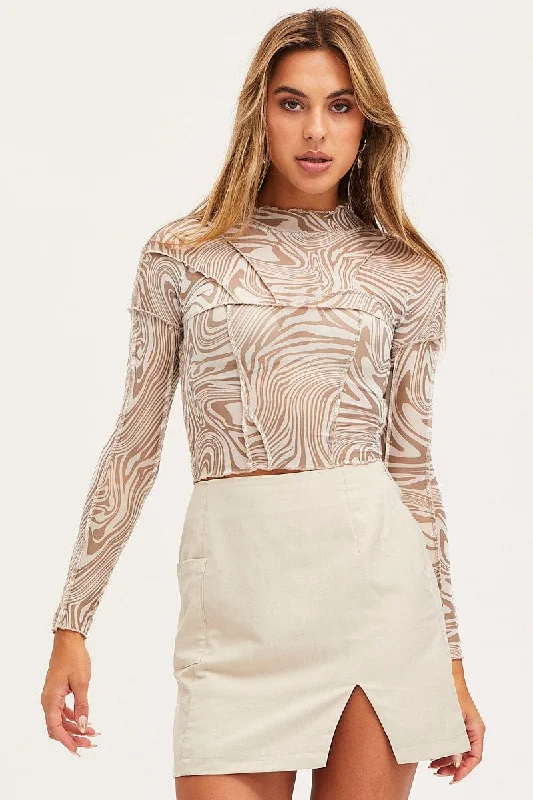 Special Price Marble Print Top Long Sleeve Midriff Mesh