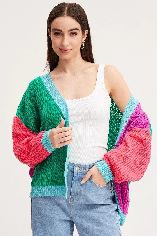 Big Savings Multi Knit Cardigan Long Sleeve Relaxed Colour Block