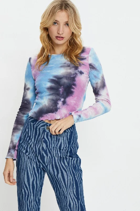 Closeout Multi Long Sleeve Tie Dye Rib Jersey Top