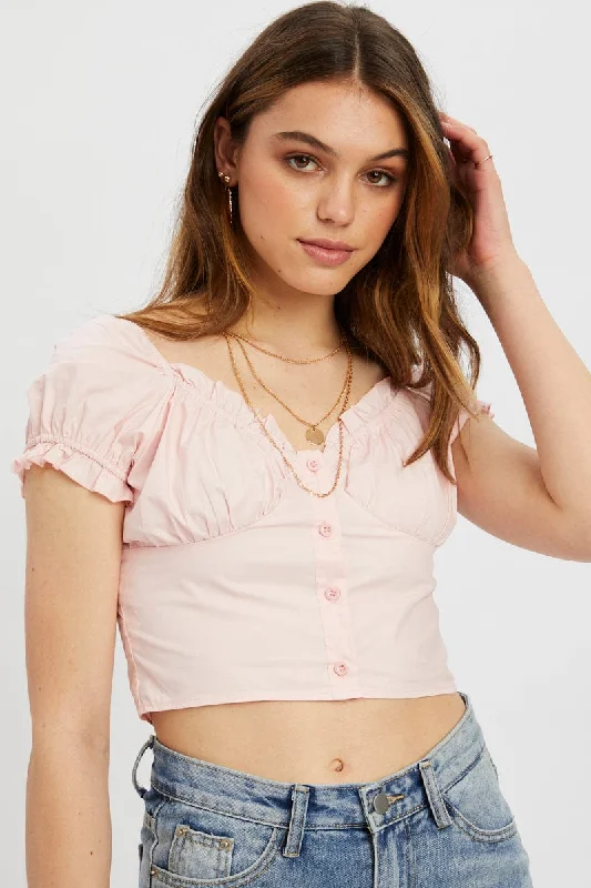 Customer Appreciation Sale Pink Button Front Puff Sleeve Milkmaid Top