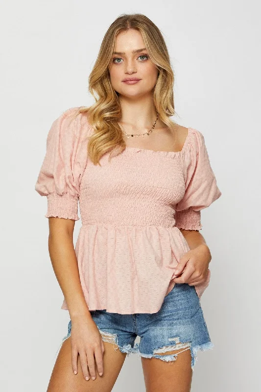 Final Markdown Pink Peplum Top Short Sleeve Round Neck