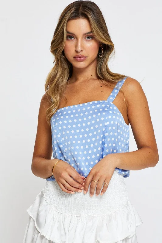 Quick Sale Polka Dot Singlet Top Square Neck Linen
