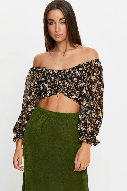 Doorbuster Deal Print 3/4 Sleeve Crop Top