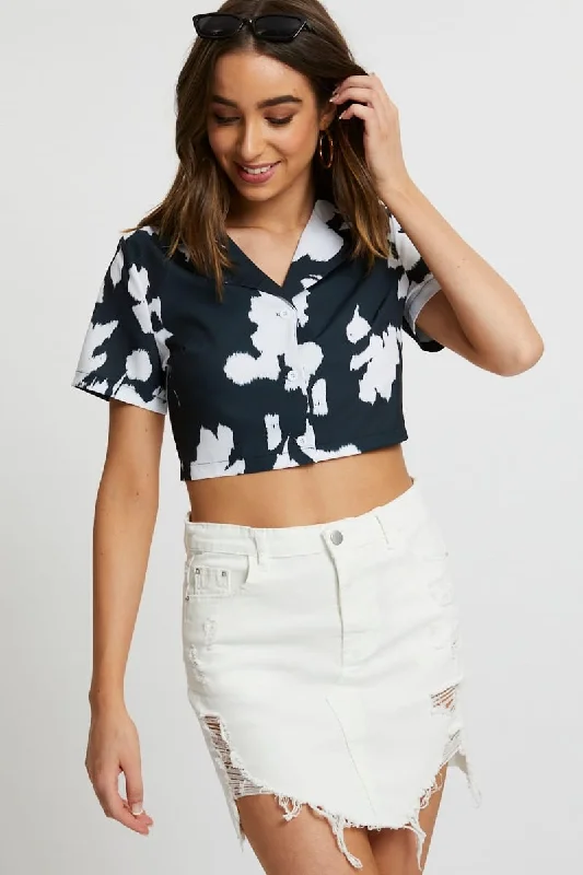 Instant Savings Print Button Front Crop Shirt