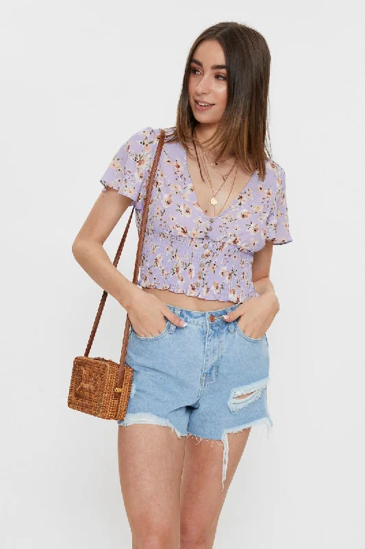 Extra Savings Print Print Front Button Shirred Top