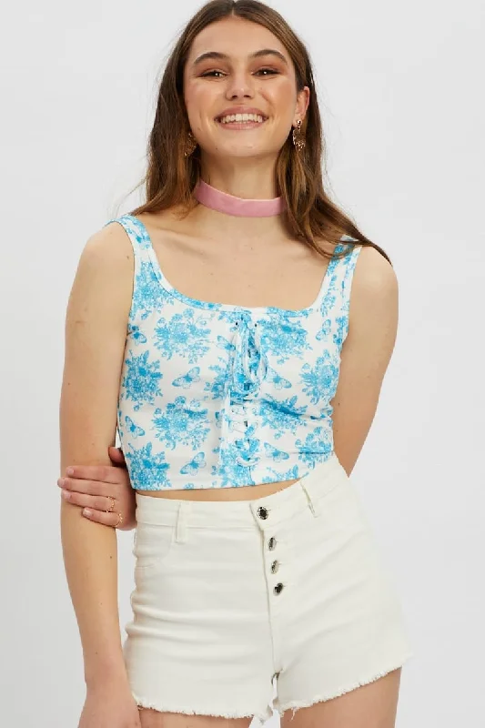 Price Slash Print Scoop Neck Lace Up Top